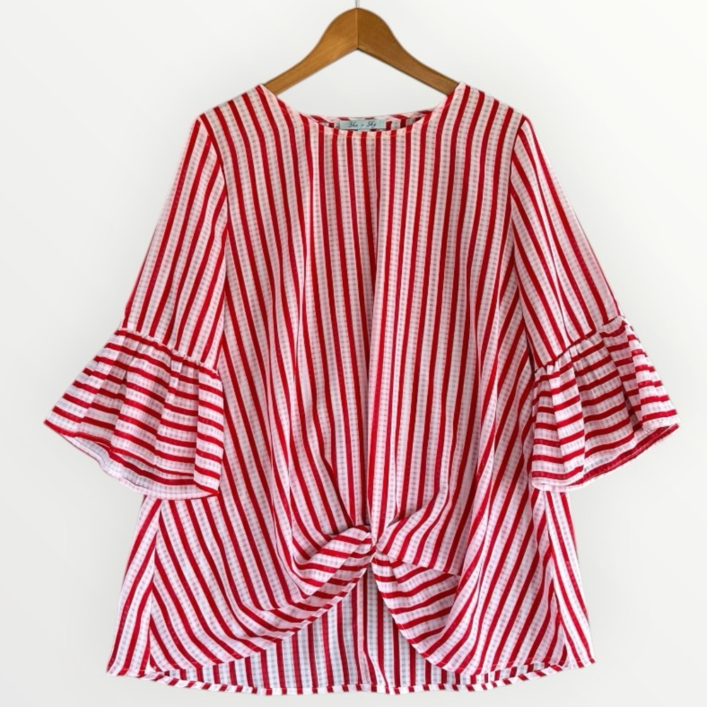 Women’s Red & White Striped Bell Sleeve Top